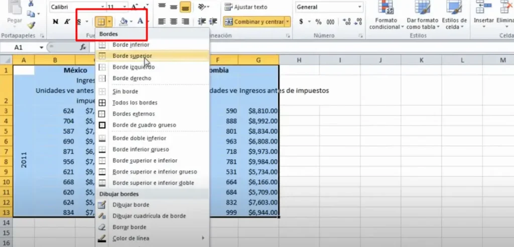 Aplicar un sombreado de celda - paso 2 aplicar bordes en excel
